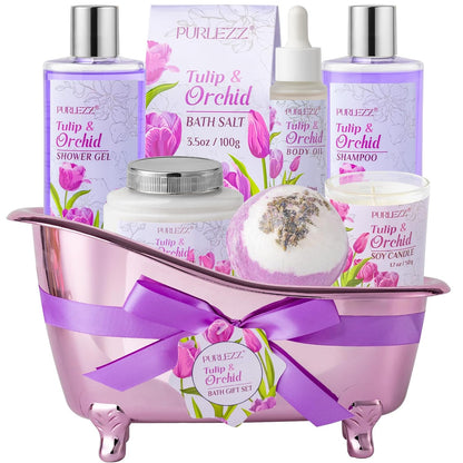 Tulip Orchid Spa Gifts Bath Kit, 8Pcs Moisturizing Bath Gift Set for Women | Bath Sets Gift Baskets for Women Gift, Bath and Body Set for Her, Self-Care Kit, Spa Gifts for Women, Birthday, Mother'S Day