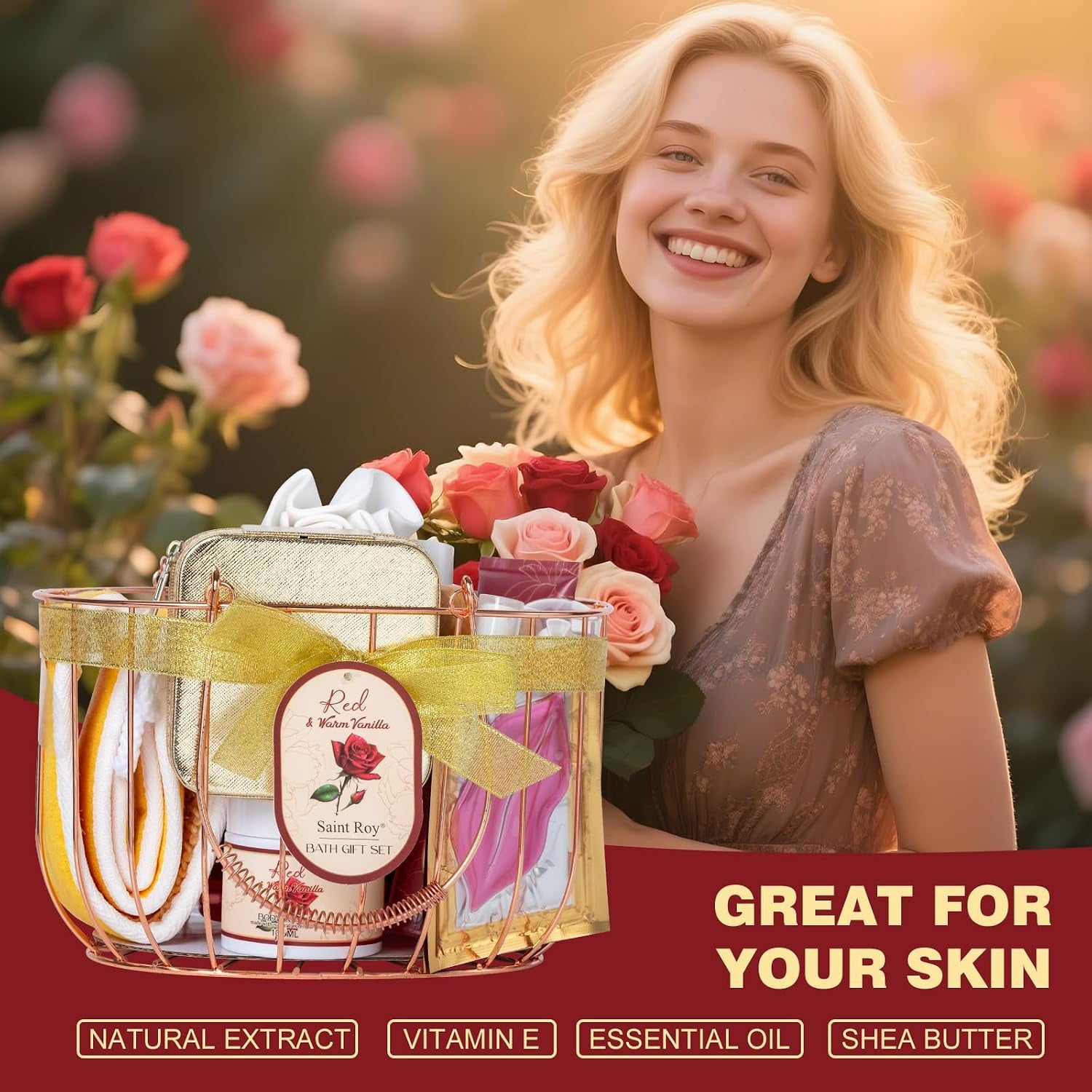 Vanilla Rose Beauty Skin Care Kit, 23Pcs Spa Bath and Body Gift for Women | Bath Spa Basket Gift, Facial Care Set, Spa Kit, Spa Gifts, Home Spa Self Care with Necklace, Christmas, Anniversary, Birthday