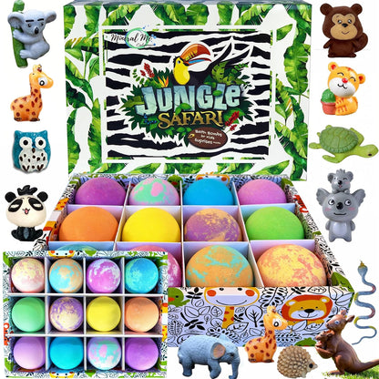 Bath Bombs for Kids with Surprise Inside, 12 Bubble Bath Fizzies with Toys | Bath Fizzies with Jungle Animal Toys, Moisturizing, Gentle & Kids Safe, Rainbow Spa Bath Fizz, Birthday Gifts for Boys Girls