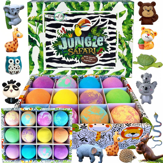 Bath Bombs for Kids with Surprise Inside, 12 Bubble Bath Fizzies with Toys | Bath Fizzies with Jungle Animal Toys, Moisturizing, Gentle & Kids Safe, Rainbow Spa Bath Fizz, Birthday Gifts for Boys Girls