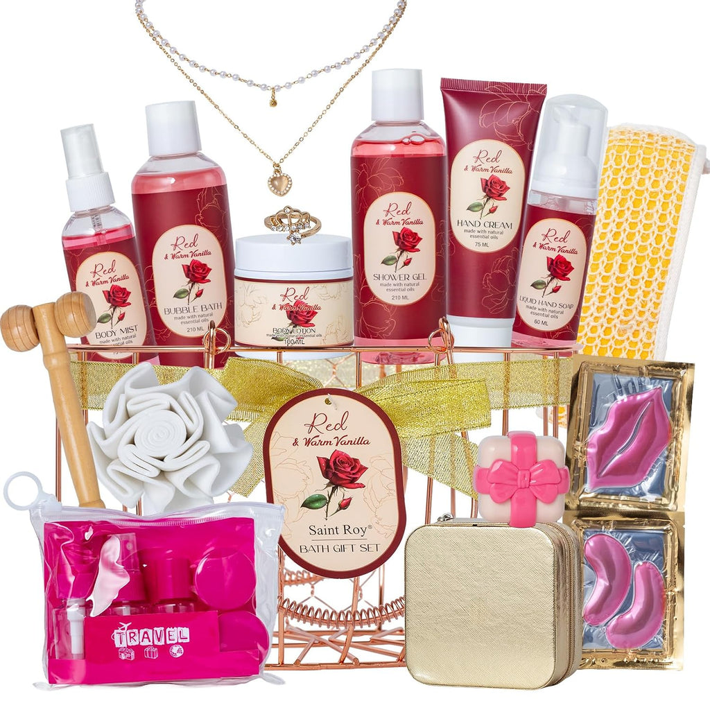 Vanilla Rose Beauty Skin Care Kit, 23Pcs Spa Bath and Body Gift for Women | Bath Spa Basket Gift, Facial Care Set, Spa Kit, Spa Gifts, Home Spa Self Care with Necklace, Christmas, Anniversary, Birthday