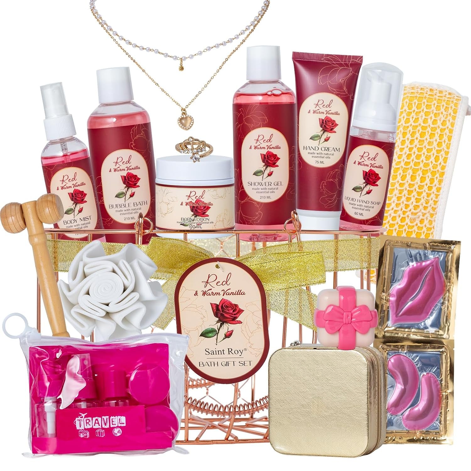 Vanilla Rose Beauty Skin Care Kit, 23Pcs Spa Bath and Body Gift for Women | Bath Spa Basket Gift, Facial Care Set, Spa Kit, Spa Gifts, Home Spa Self Care with Necklace, Christmas, Anniversary, Birthday