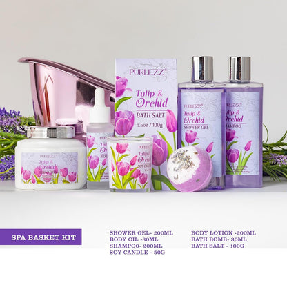 Tulip Orchid Spa Gifts Bath Kit, 8Pcs Moisturizing Bath Gift Set for Women | Bath Sets Gift Baskets for Women Gift, Bath and Body Set for Her, Self-Care Kit, Spa Gifts for Women, Birthday, Mother'S Day