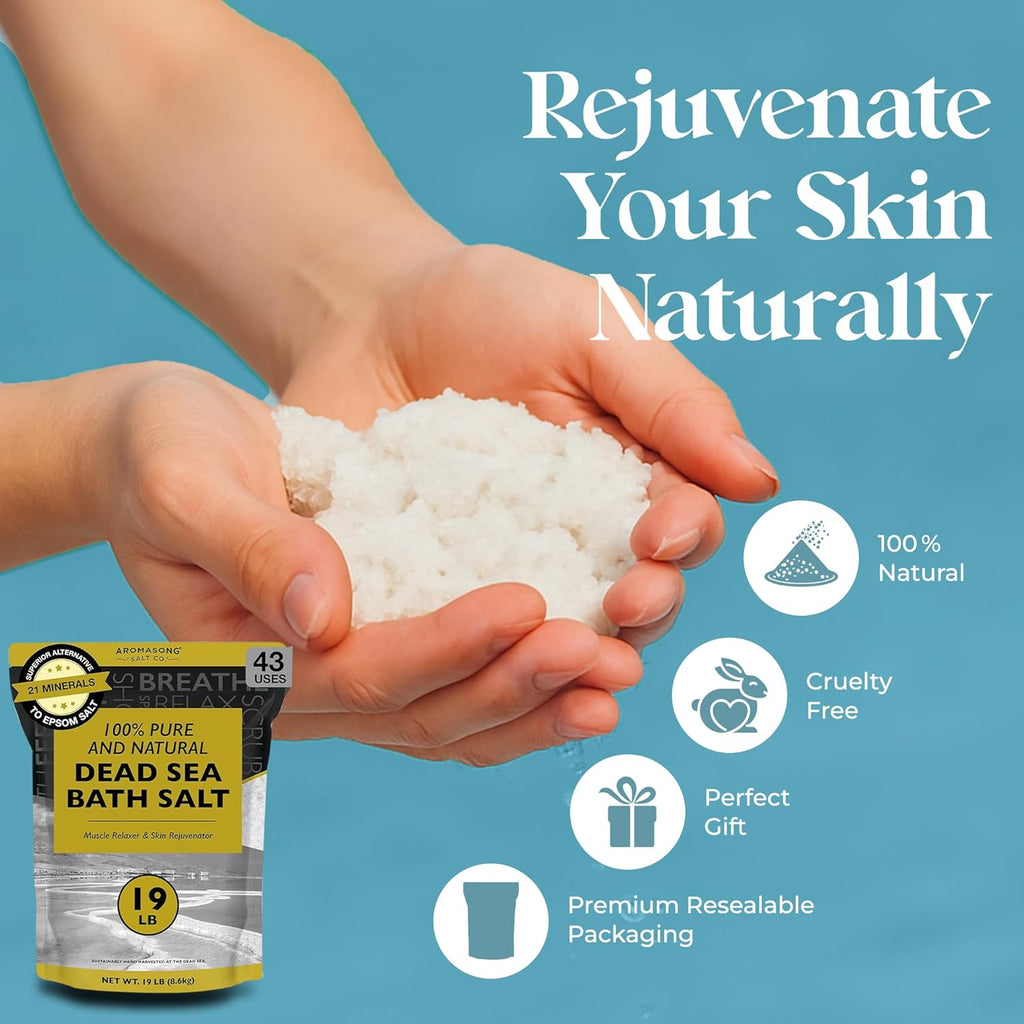 Dead Sea Salt - Spa Bath Salt - 19 Lbs Fine Grain Bulk - 100% Pure - Better Absorbing than Epsom Salt - Soak for Women & Men for Skin Issues and to Relax Tired Muscles - Resealable Pack.