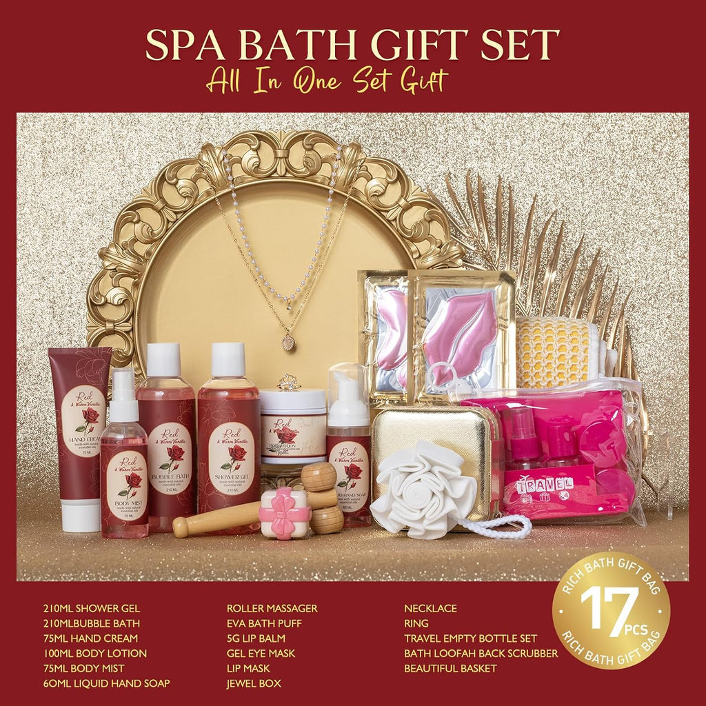 Vanilla Rose Beauty Skin Care Kit, 23Pcs Spa Bath and Body Gift for Women | Bath Spa Basket Gift, Facial Care Set, Spa Kit, Spa Gifts, Home Spa Self Care with Necklace, Christmas, Anniversary, Birthday