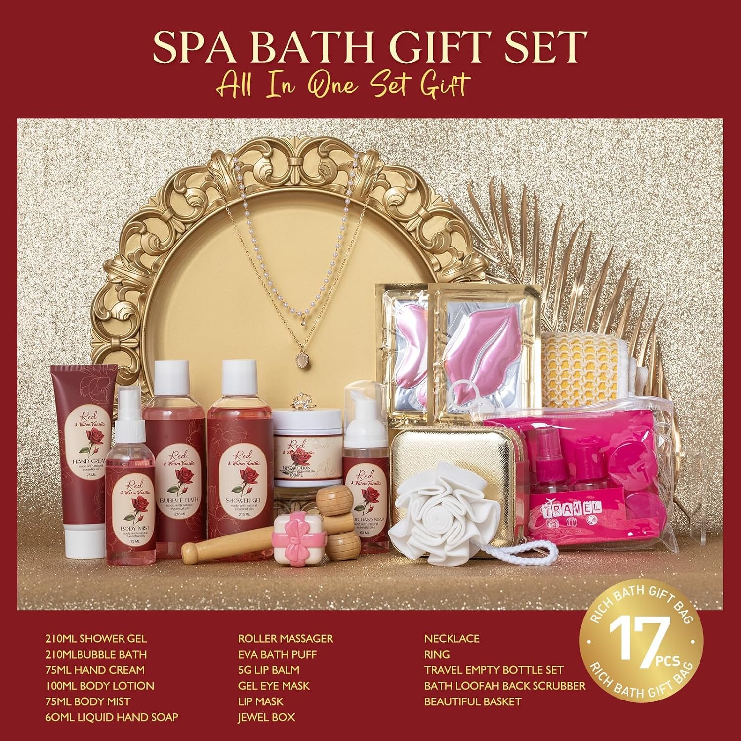 Vanilla Rose Beauty Skin Care Kit, 23Pcs Spa Bath and Body Gift for Women | Bath Spa Basket Gift, Facial Care Set, Spa Kit, Spa Gifts, Home Spa Self Care with Necklace, Christmas, Anniversary, Birthday