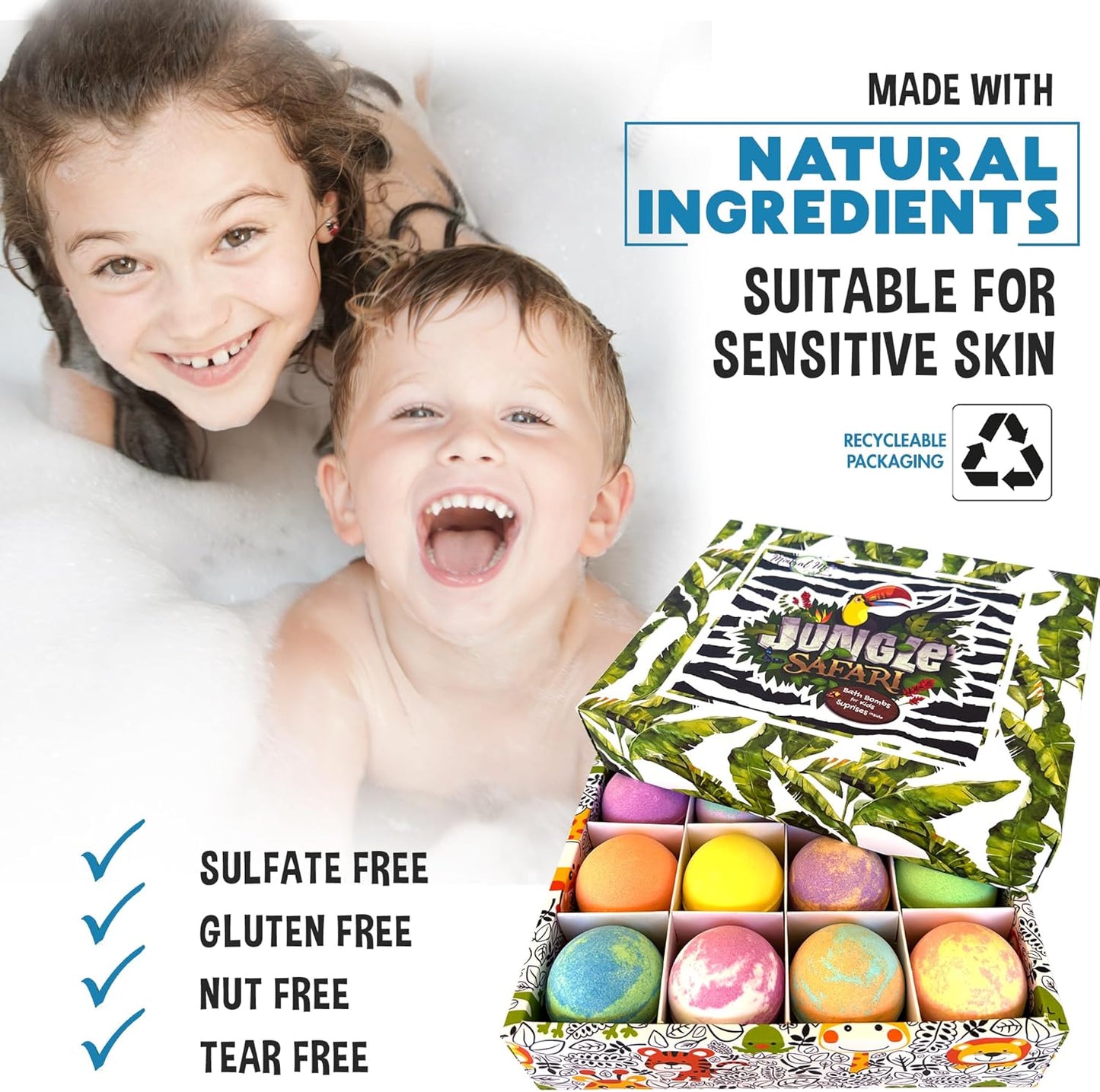 Bath Bombs for Kids with Surprise Inside, 12 Bubble Bath Fizzies with Toys | Bath Fizzies with Jungle Animal Toys, Moisturizing, Gentle & Kids Safe, Rainbow Spa Bath Fizz, Birthday Gifts for Boys Girls