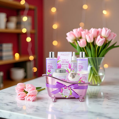 Tulip Orchid Spa Gifts Bath Kit, 8Pcs Moisturizing Bath Gift Set for Women | Bath Sets Gift Baskets for Women Gift, Bath and Body Set for Her, Self-Care Kit, Spa Gifts for Women, Birthday, Mother'S Day