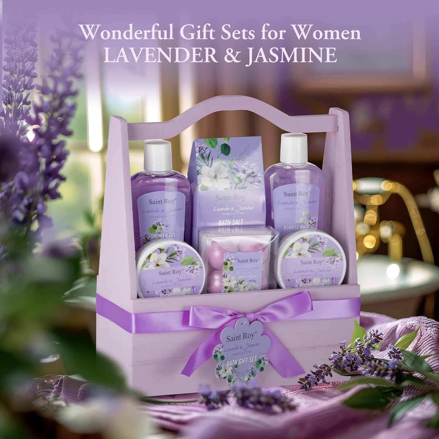 Home Spa Gift Basket for Women, Lavender Jasmine Bath & Body Care Kit | Bath and Body Gift Baskets, Self Care Birthday Gift for Women, Spa Gifts for Birthday, Christmas