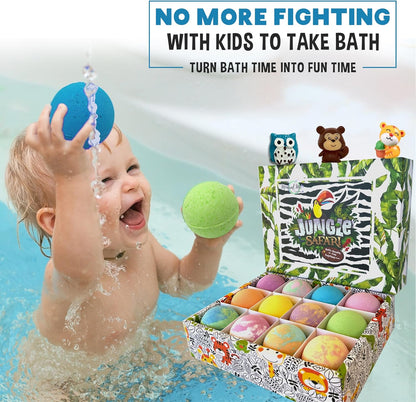Bath Bombs for Kids with Surprise Inside, 12 Bubble Bath Fizzies with Toys | Bath Fizzies with Jungle Animal Toys, Moisturizing, Gentle & Kids Safe, Rainbow Spa Bath Fizz, Birthday Gifts for Boys Girls