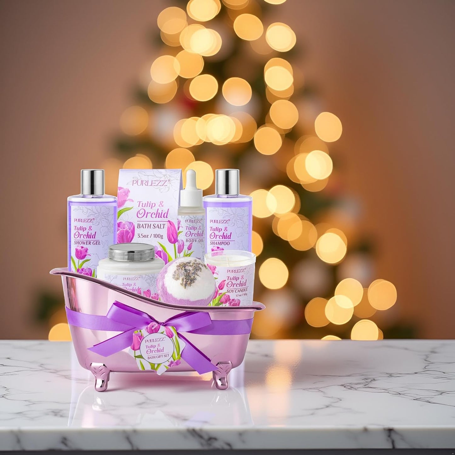 Tulip Orchid Spa Gifts Bath Kit, 8Pcs Moisturizing Bath Gift Set for Women | Bath Sets Gift Baskets for Women Gift, Bath and Body Set for Her, Self-Care Kit, Spa Gifts for Women, Birthday, Mother'S Day