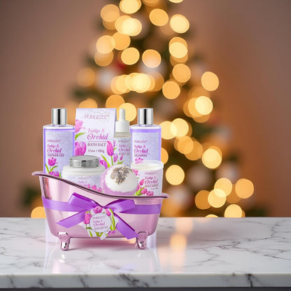 Tulip Orchid Spa Gifts Bath Kit, 8Pcs Moisturizing Bath Gift Set for Women | Bath Sets Gift Baskets for Women Gift, Bath and Body Set for Her, Self-Care Kit, Spa Gifts for Women, Birthday, Mother'S Day