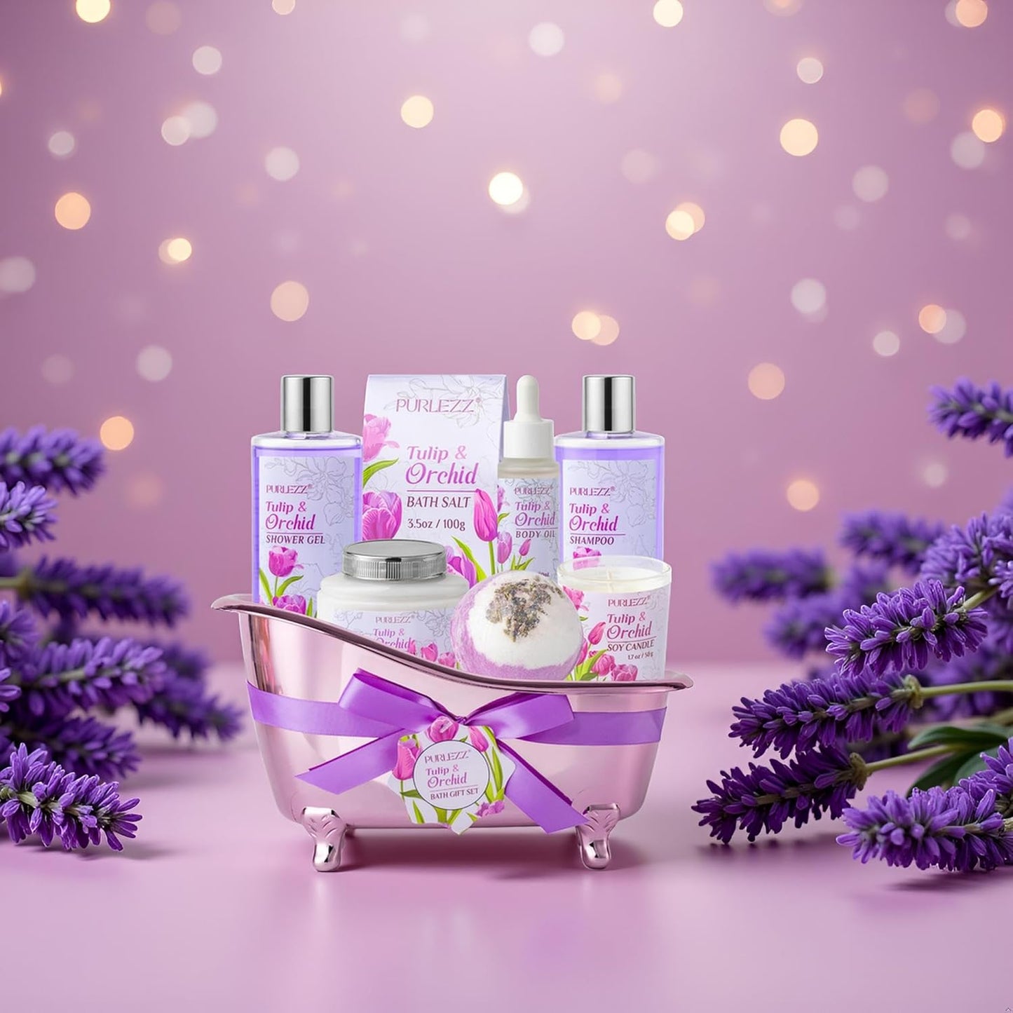 Tulip Orchid Spa Gifts Bath Kit, 8Pcs Moisturizing Bath Gift Set for Women | Bath Sets Gift Baskets for Women Gift, Bath and Body Set for Her, Self-Care Kit, Spa Gifts for Women, Birthday, Mother'S Day