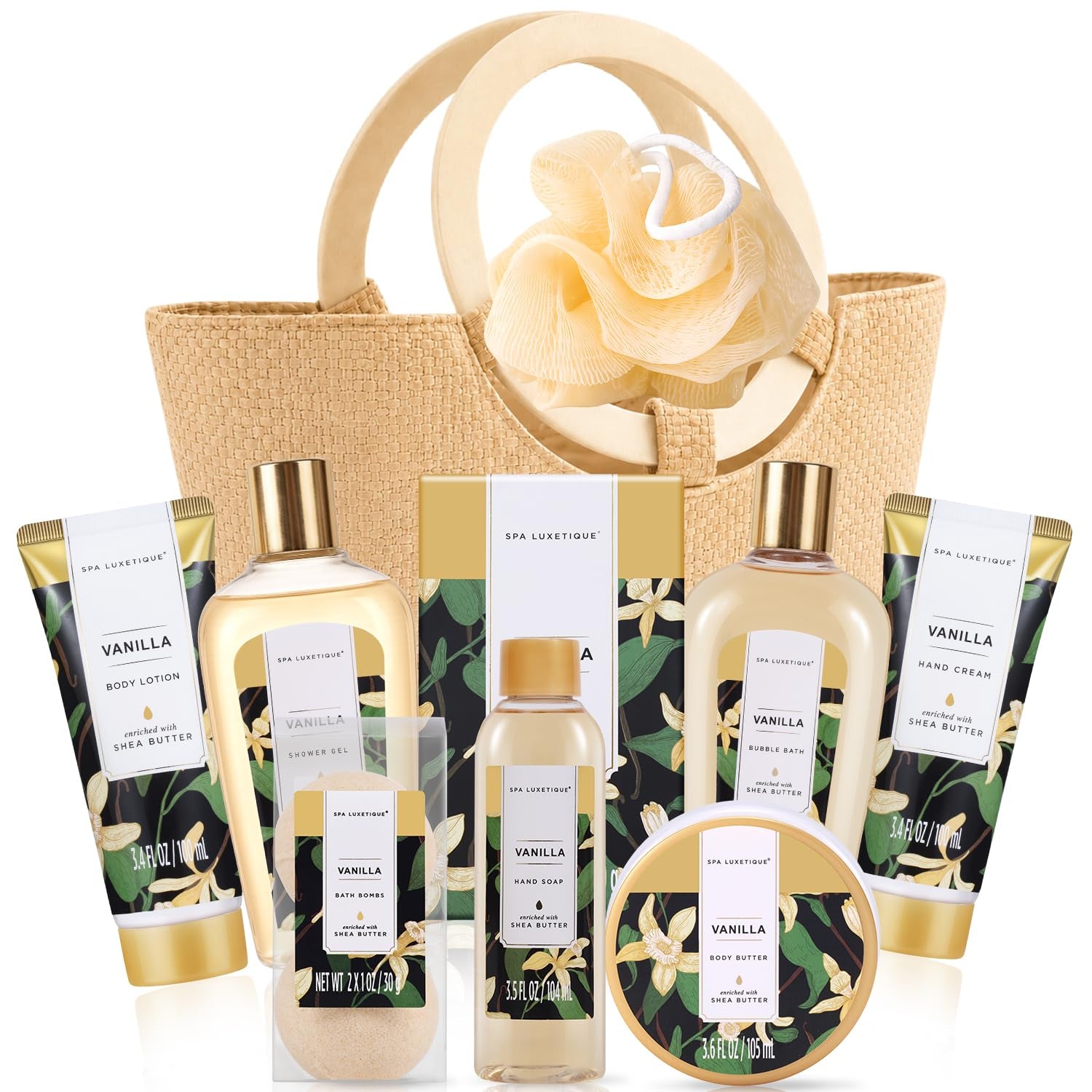 Vanilla 10Pc Gifts for Women Spa Gift Basket | Gift Sets for Women, Bath Sets, Spa Gift Basket for Women, Gifts for Her, Self Care Gift, Bridal Shower Gifts, Tote Bag