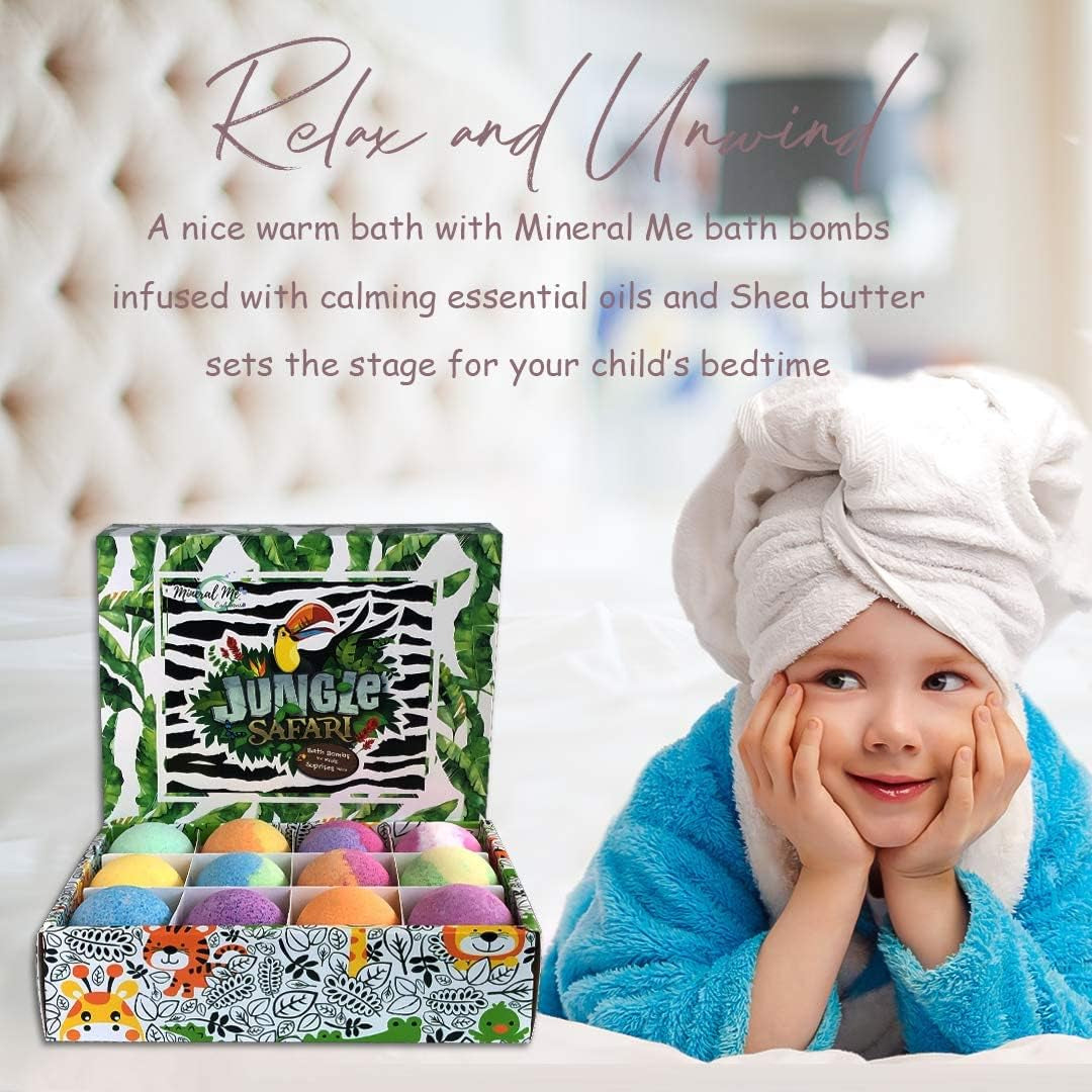 Bath Bombs for Kids with Surprise Inside, 12 Bubble Bath Fizzies with Toys | Bath Fizzies with Jungle Animal Toys, Moisturizing, Gentle & Kids Safe, Rainbow Spa Bath Fizz, Birthday Gifts for Boys Girls