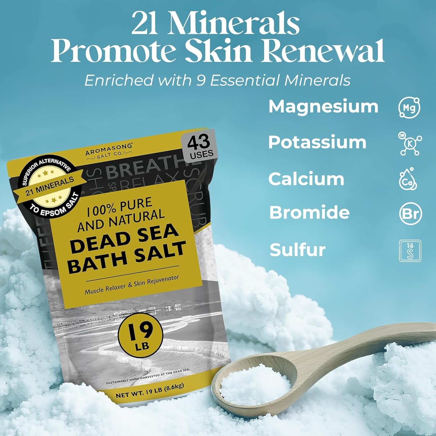 Dead Sea Salt - Spa Bath Salt - 19 Lbs Fine Grain Bulk - 100% Pure - Better Absorbing than Epsom Salt - Soak for Women & Men for Skin Issues and to Relax Tired Muscles - Resealable Pack.