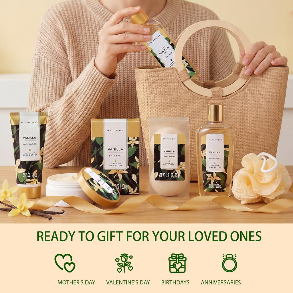 Vanilla 10Pc Gifts for Women Spa Gift Basket | Gift Sets for Women, Bath Sets, Spa Gift Basket for Women, Gifts for Her, Self Care Gift, Bridal Shower Gifts, Tote Bag