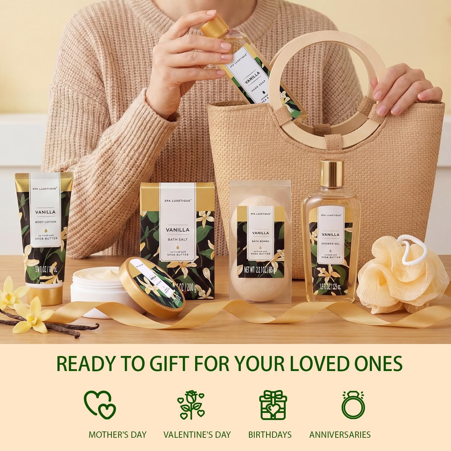 Vanilla 10Pc Gifts for Women Spa Gift Basket | Gift Sets for Women, Bath Sets, Spa Gift Basket for Women, Gifts for Her, Self Care Gift, Bridal Shower Gifts, Tote Bag