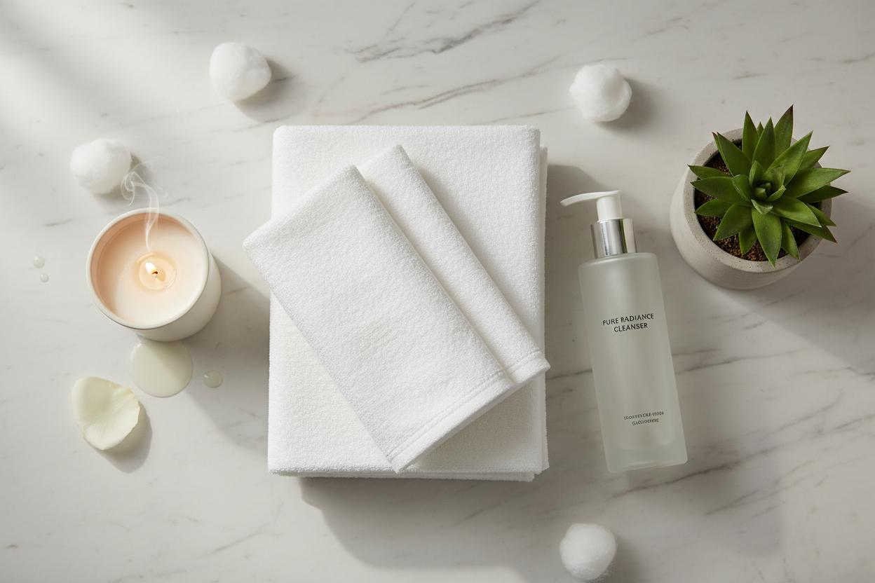 Disposable face towels on a marble bathroom countertop with cleanser, plant, and candle